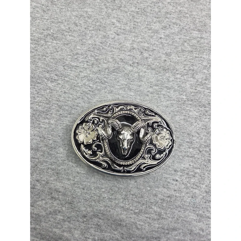 Vintage Bighorn Ram Skull Black Enamel 3D Belt Buckle Hunting Western Wildlife